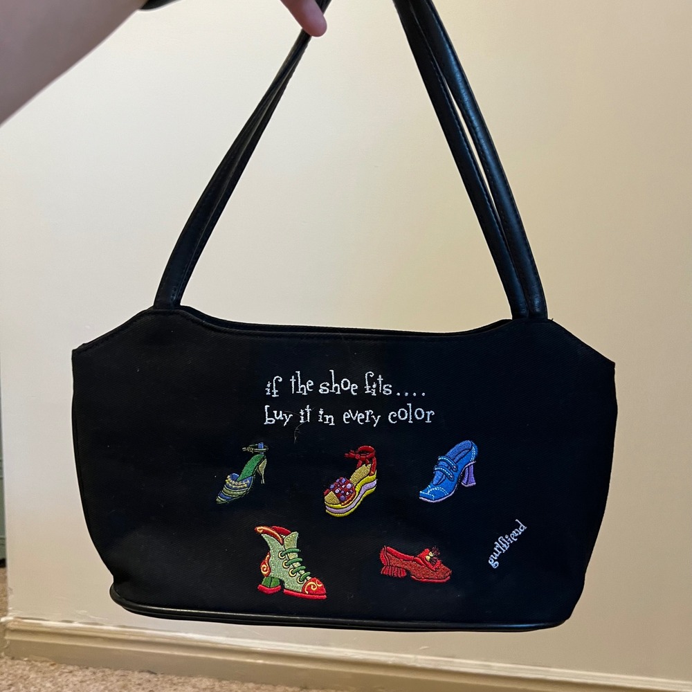 Girlfriend Black Canvas Shoulder Bag Embroidered Shoes If The Shoe Fits Y2K